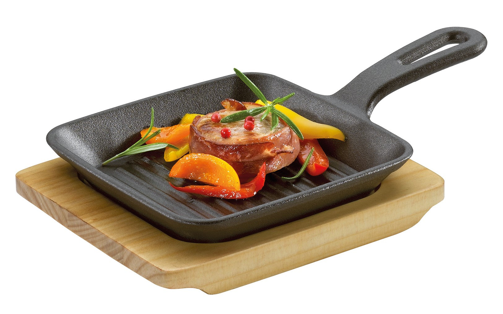 Tigaie patrata din fonta cu suport din lemn, 14 x14 cm - KUCHENPROFI