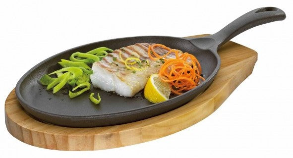 Tigaie ovala din fonta cu suport din lemn, 39 x 20 x 5 cm - KUCHENPROFI