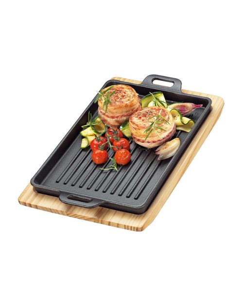Tava dreptunghiulara din fonta cu suport din lemn, 32x22 cm, BBQ - KUCHENPROFI - Image 1
