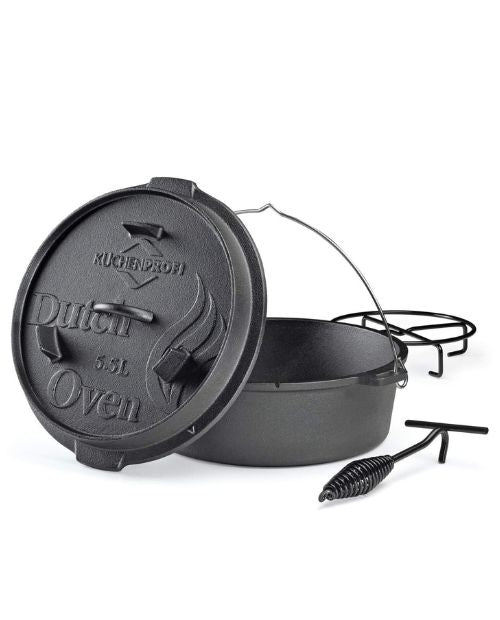 Oala rotunda din fonta, cu capac, negru, 5.5 l, BBQ Dutch Oven - KUCHENPROFI