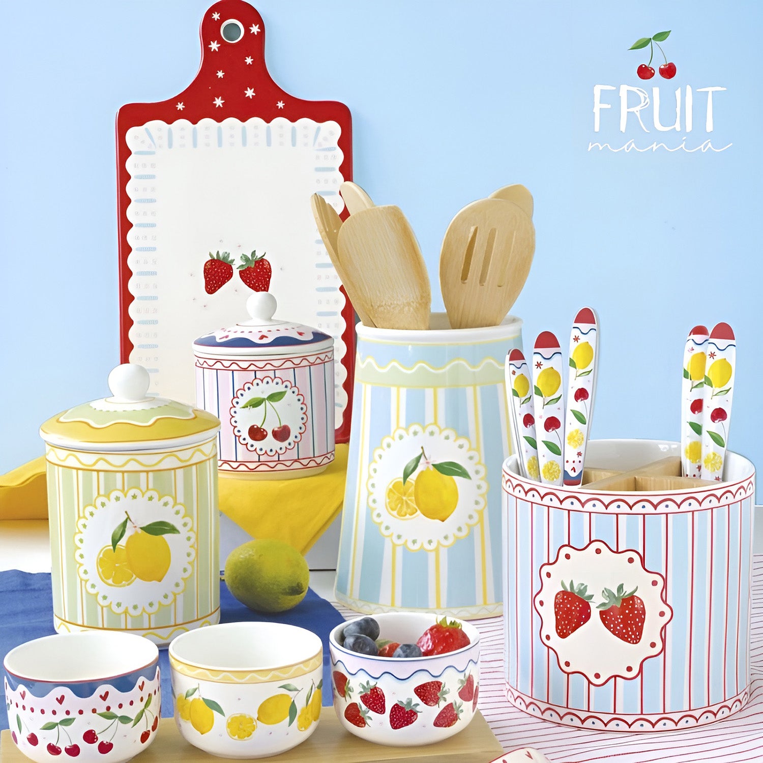 Set 3 sosiere din portelan cu suport din lemn, Fruit Mania - COOKSHOP SPECIALS