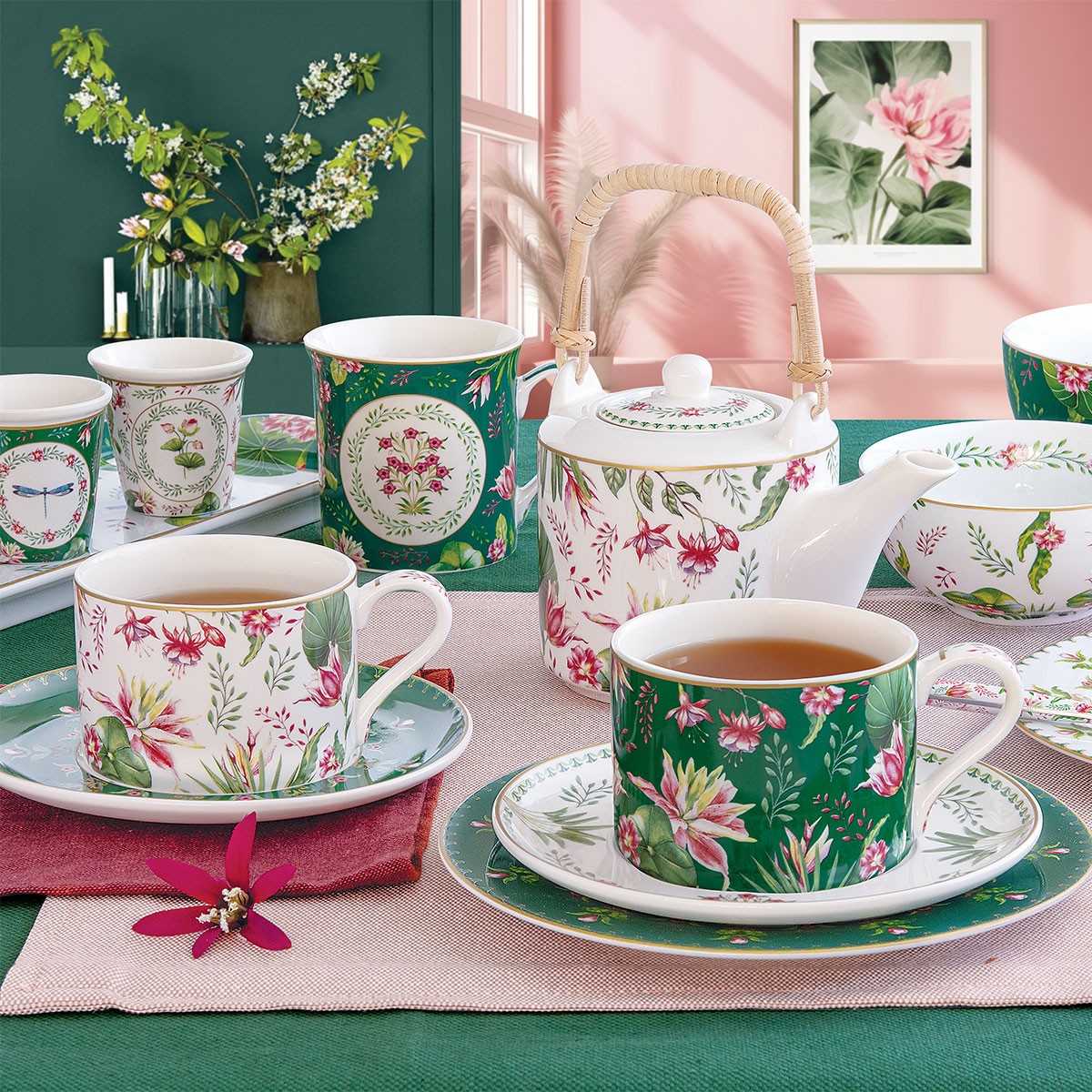 Set 2 cesti si farfurii pentru ceai, 240 ml, Botanic Chic - SIMONA'S COOKSHOP - Image 1