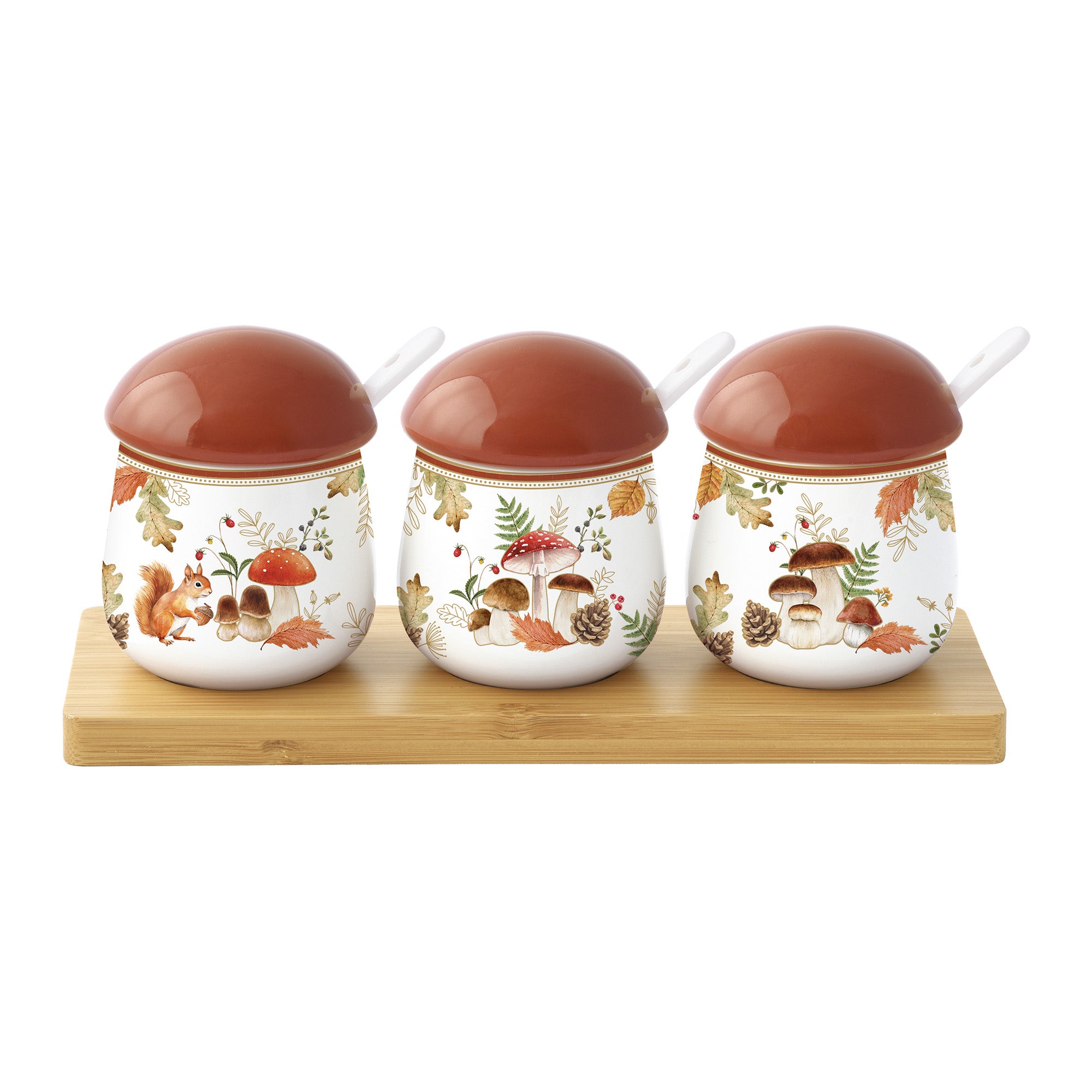 Set 3 borcane din portelan cu lingurita si suport din lemn, Forest Breeze - COOKSHOP SPECIALS