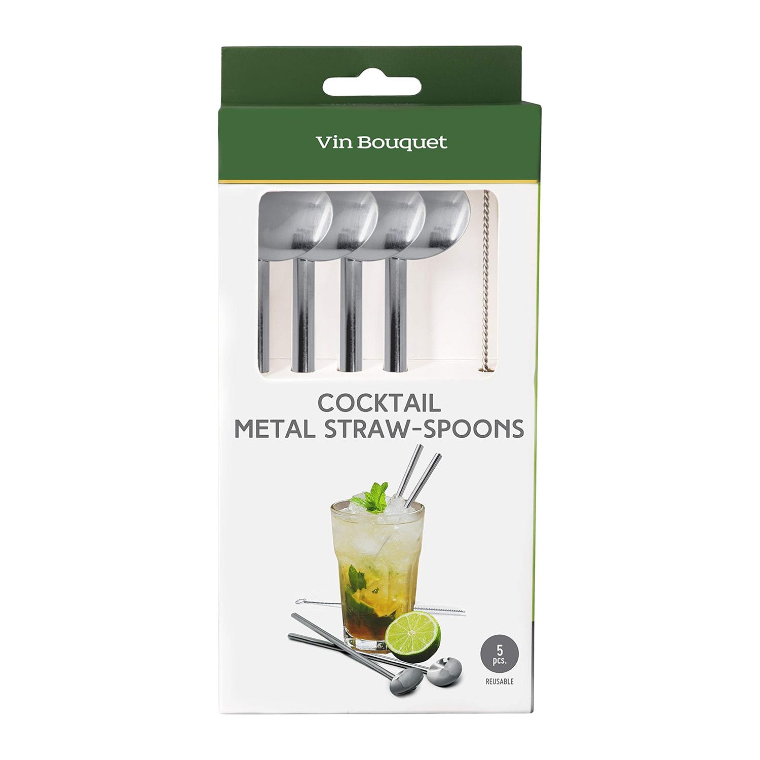 Set 4 lingurite 2 in 1 pentru cocktail si perie, inox - VIN BOUQUET