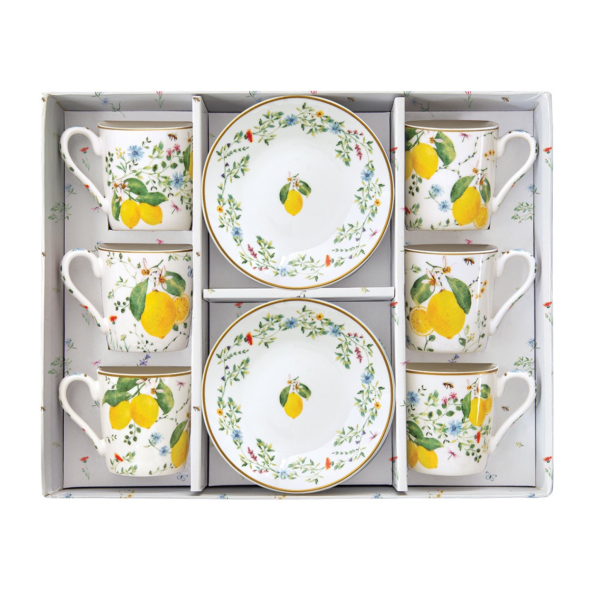 Set 6 cesti si farfurii pentru cafea, 100 ml, Fleurs Citrons - SIMONA'S COOKSHOP - Image 1