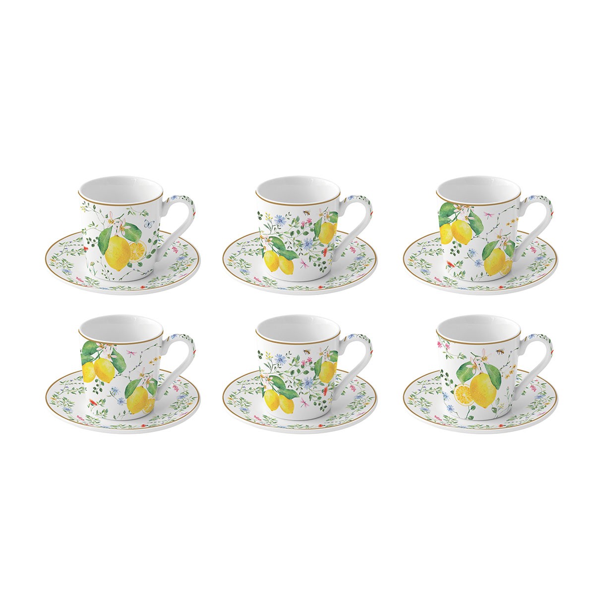 Set 6 cesti si farfurii pentru cafea, 100 ml, Fleurs Citrons - SIMONA'S COOKSHOP