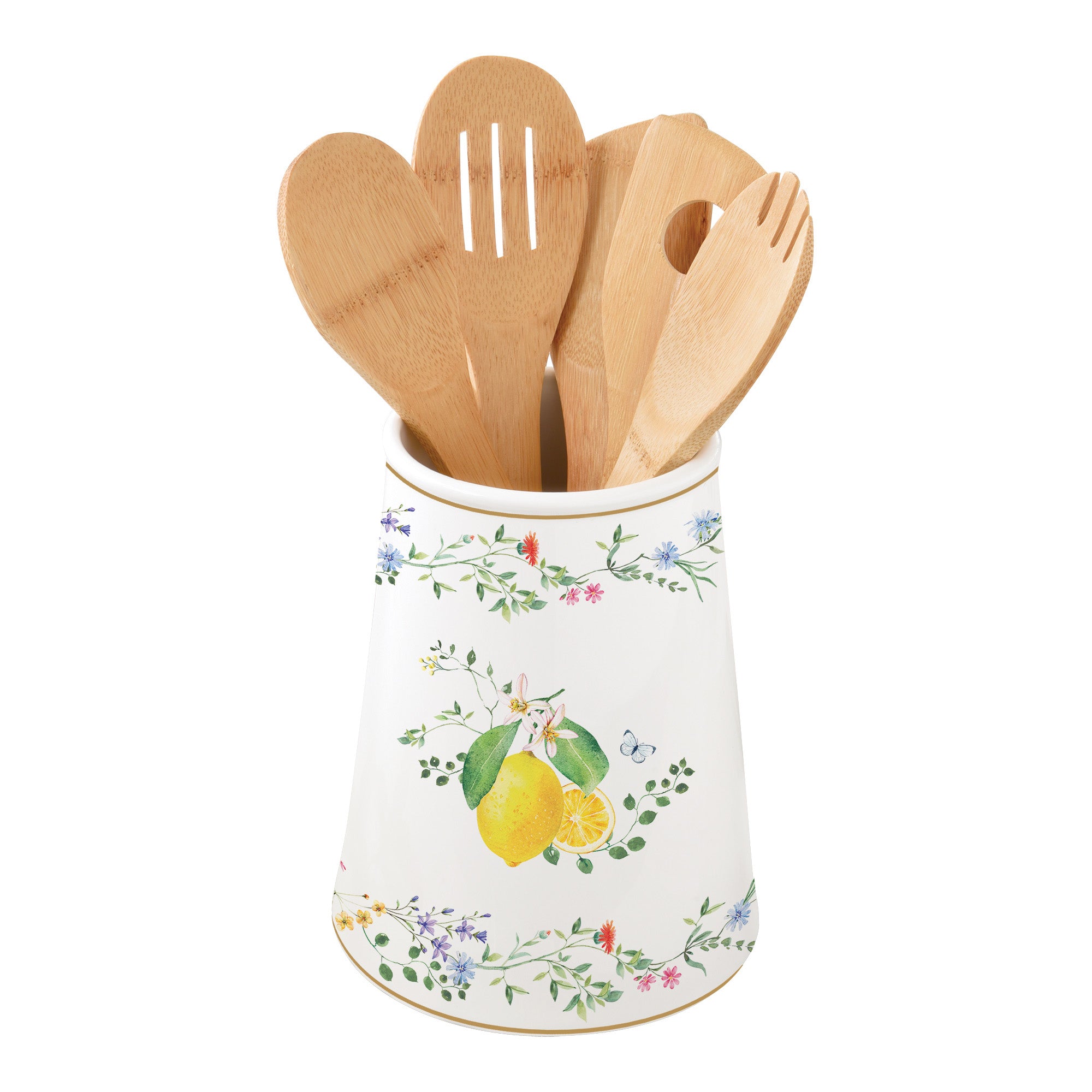 Suport din portelan cu 5 ustensile din lemn, Fleurs Citrons - COOKSHOP SPECIALS
