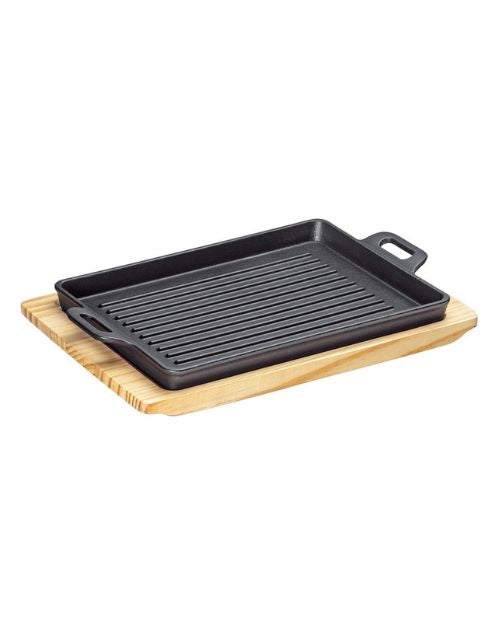 Tava dreptunghiulara din fonta cu suport din lemn, 32x22 cm, BBQ - KUCHENPROFI