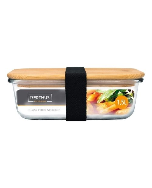 Recipient ermetic din sticla cu capac din bambus, 22 cm - NERTHUS