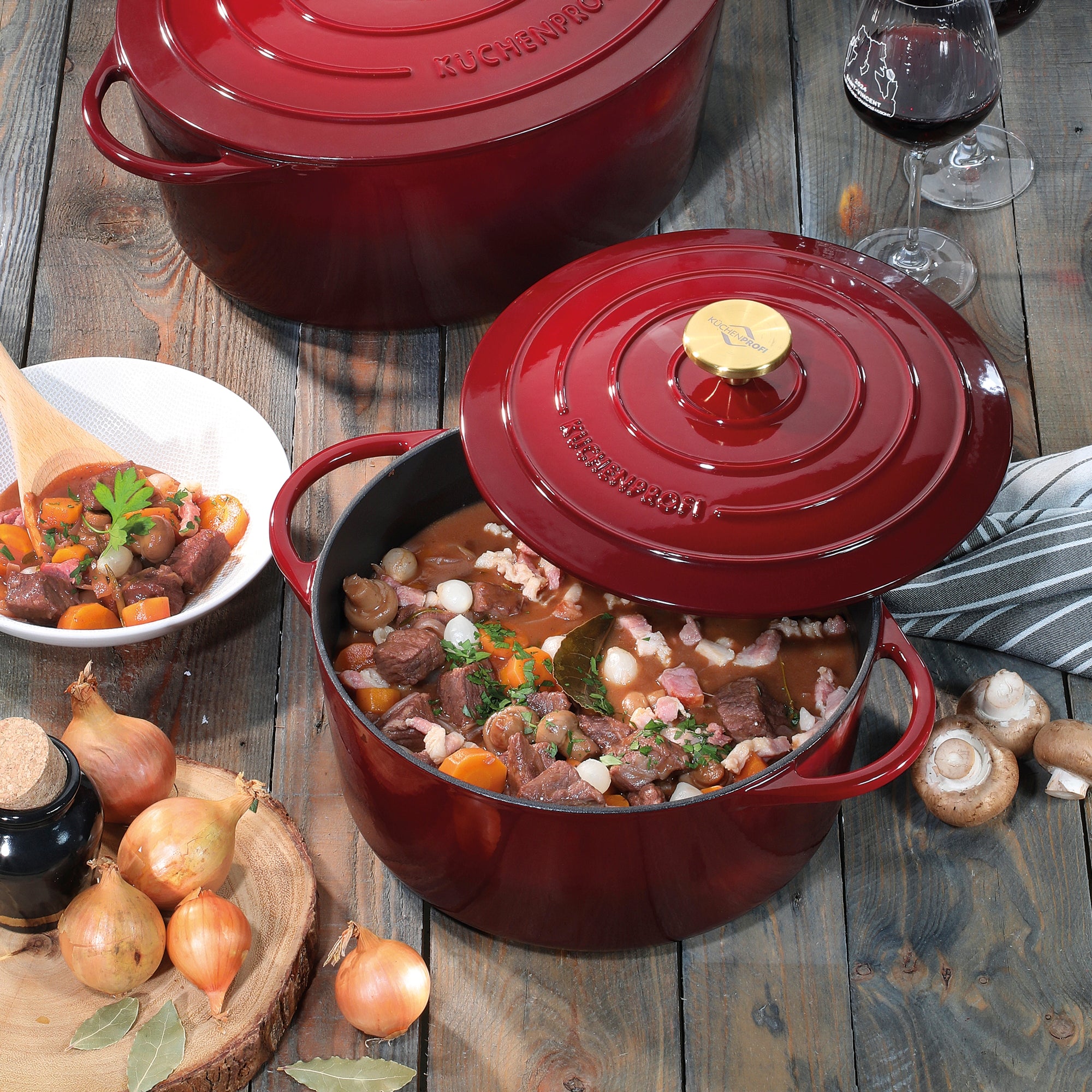 Oala din fonta, cu capac, bordo, 24 cm, Provence - KUCHENPROFI