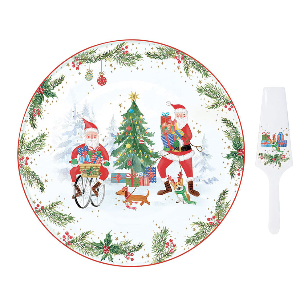 Platou pentru tort cu spatula, 32 cm, Joyful Santa - COOKSHOP SPECIALS