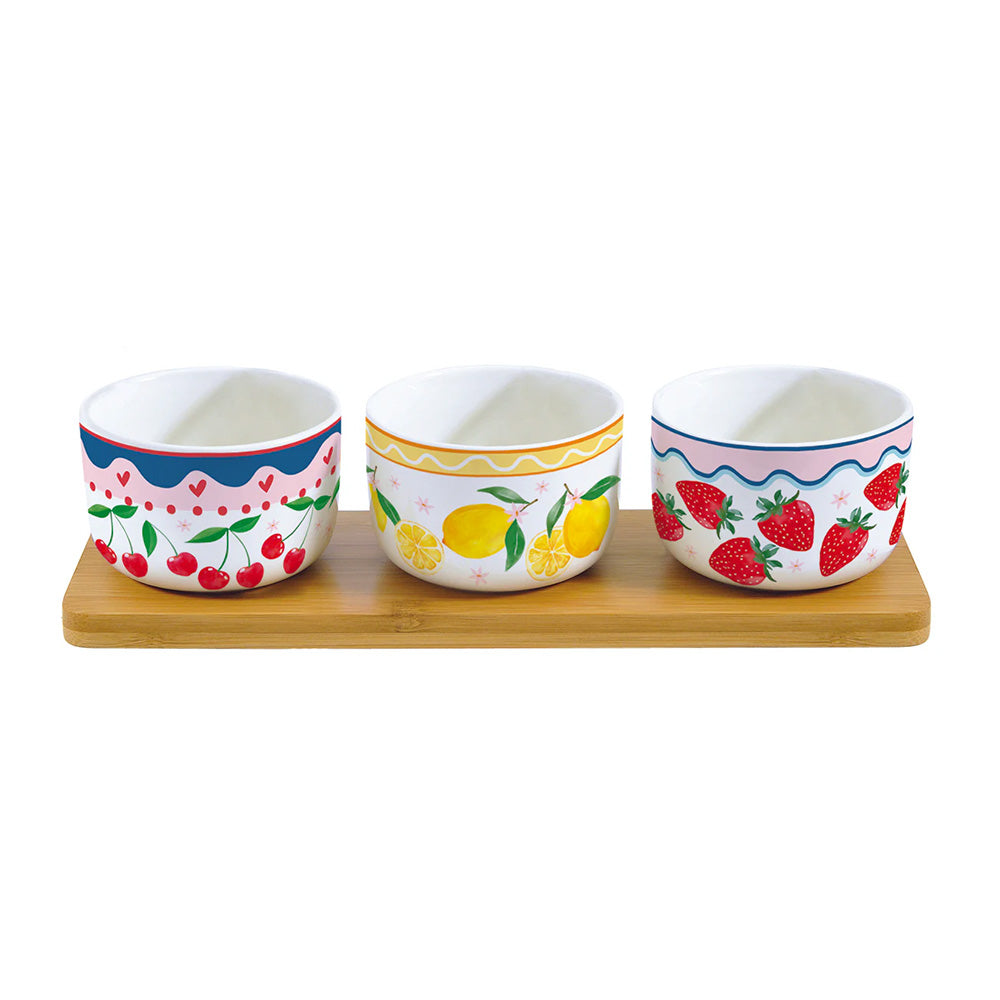 Set 3 sosiere din portelan cu suport din lemn, Fruit Mania - COOKSHOP SPECIALS