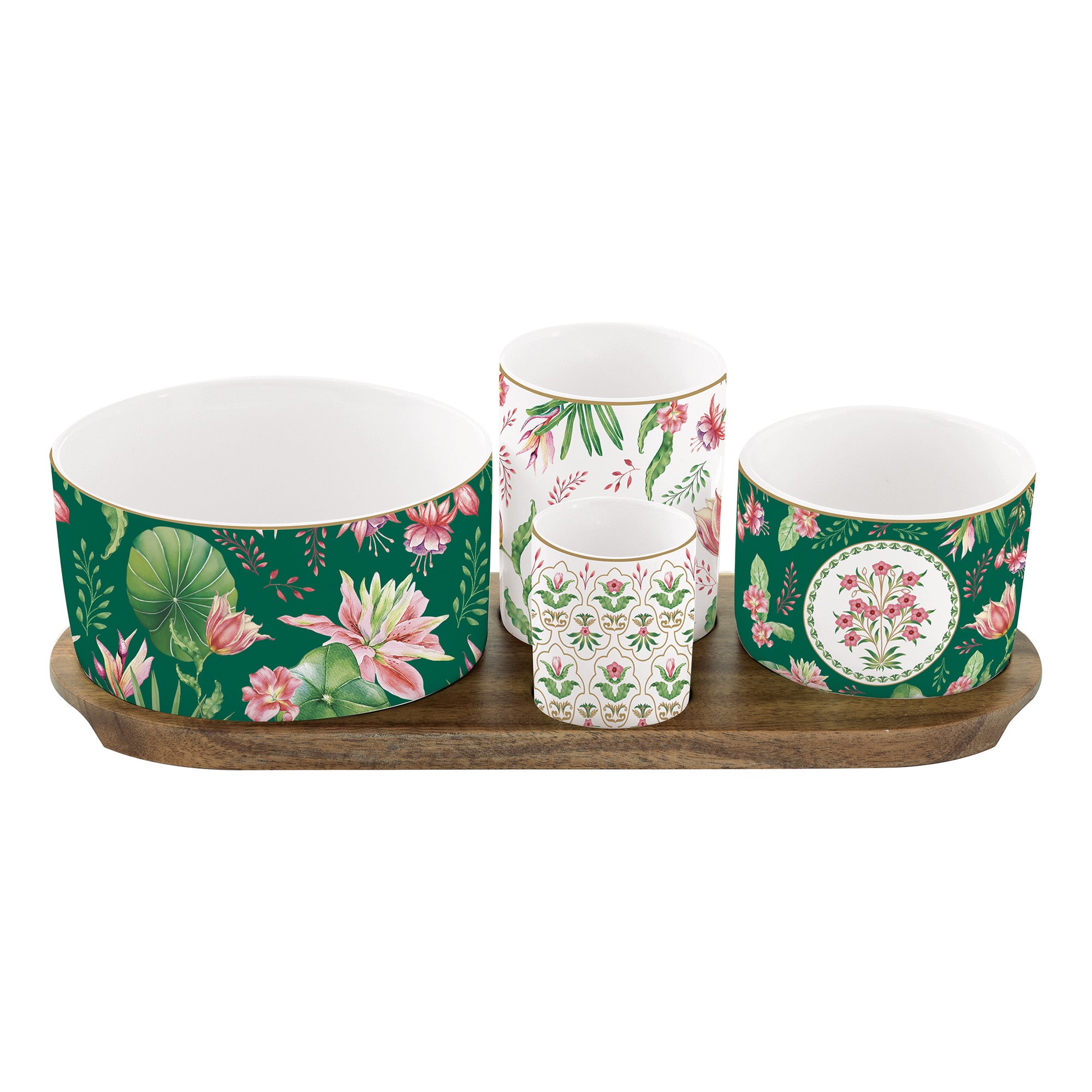 Set 4 boluri din portelan cu suport din lemn, Botanic Chic - COOKSHOP SPECIALS