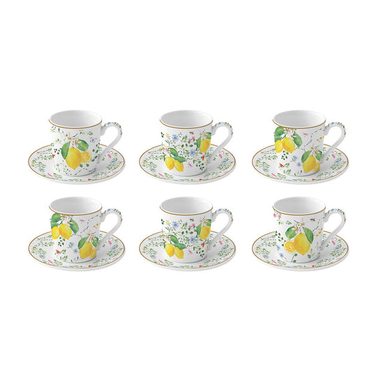 Set 6 cesti si farfurii pentru cafea, 100 ml, Fleurs Citrons - SIMONA'S COOKSHOP