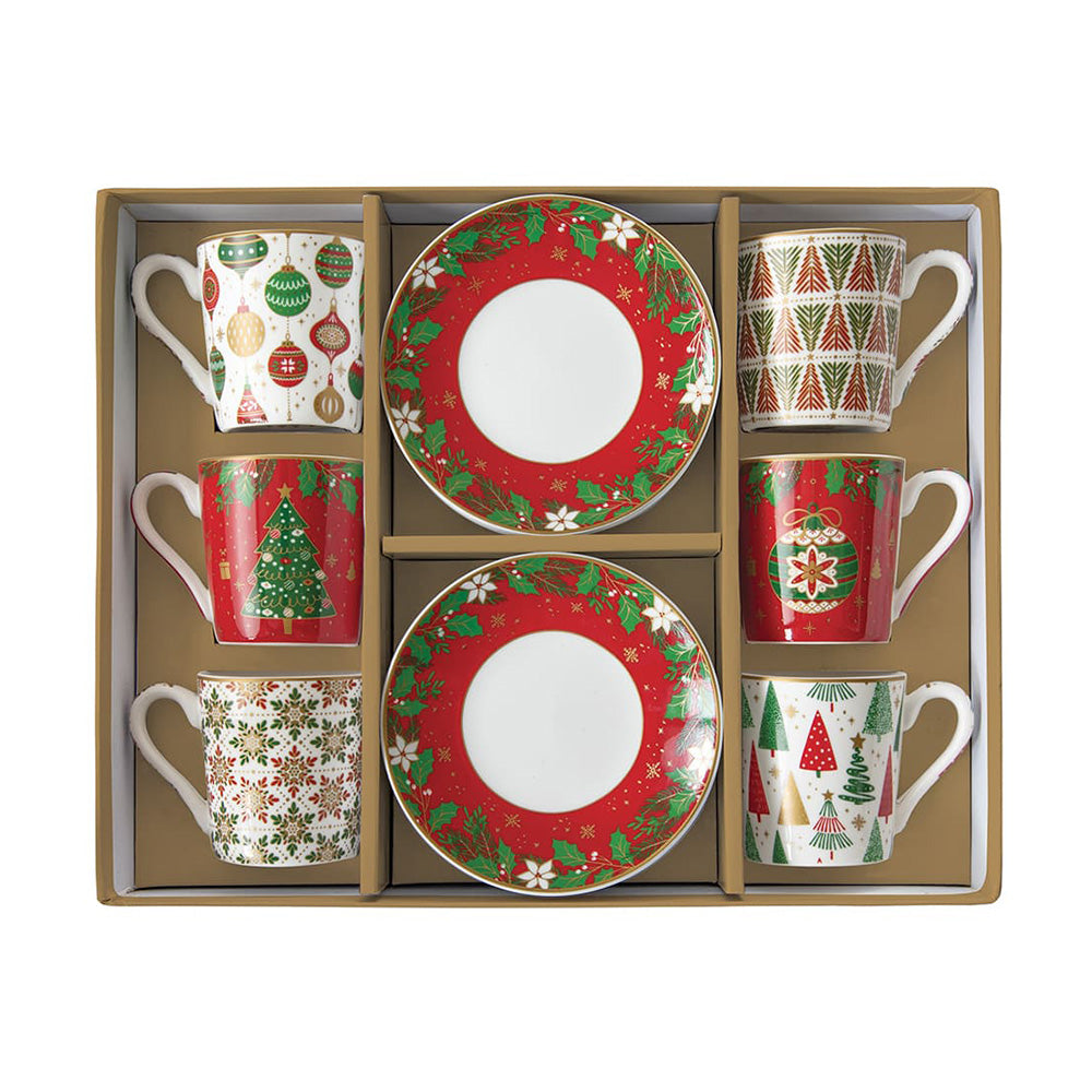 Set 6 cesti si farfurii pentru cafea, 100 ml, Jingle Bells - COOKSHOP SPECIALS