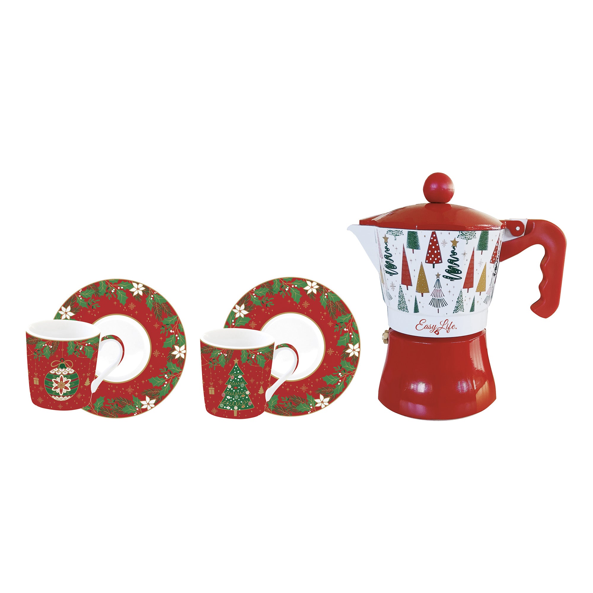 Set cafetiera si 2 cesti de cafea cu farfurii, 100 ml, Jingle Bells - EASY LIFE