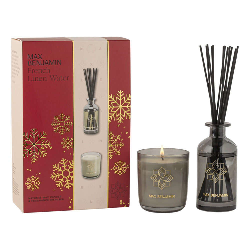 Set difuzor esenta parfumata si lumanare parfumata, French Linen Water, Classic - MAX BENJAMIN