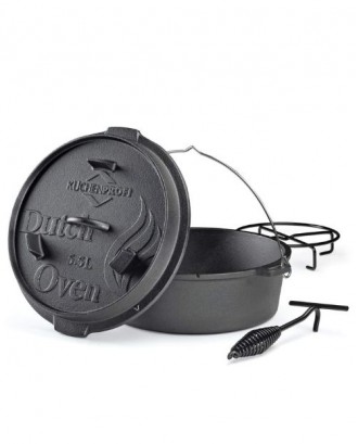 Oala rotunda din fonta, cu capac, negru, 5.5 l, BBQ Dutch Oven - KUCHENPROFI