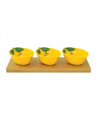 Set 3 boluri din portelan cu suport din lemn, Fleurs Citrons - SIMONA'S COOKSHOP