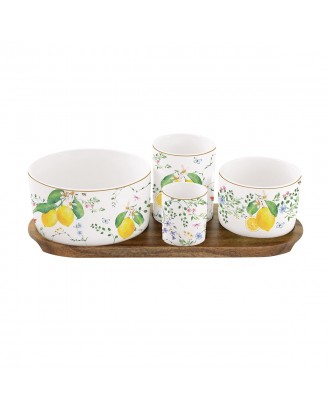 Set 4 boluri din portelan cu suport din lemn, Fleurs Citrons - SIMONA'S COOKSHOP