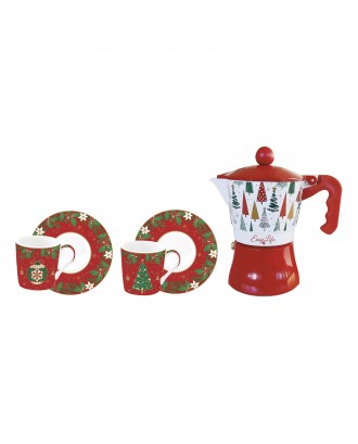 Set cafetiera si 2 cesti de cafea cu farfurii, 100 ml, Jingle Bells - SIMONA'S COOKSHOP